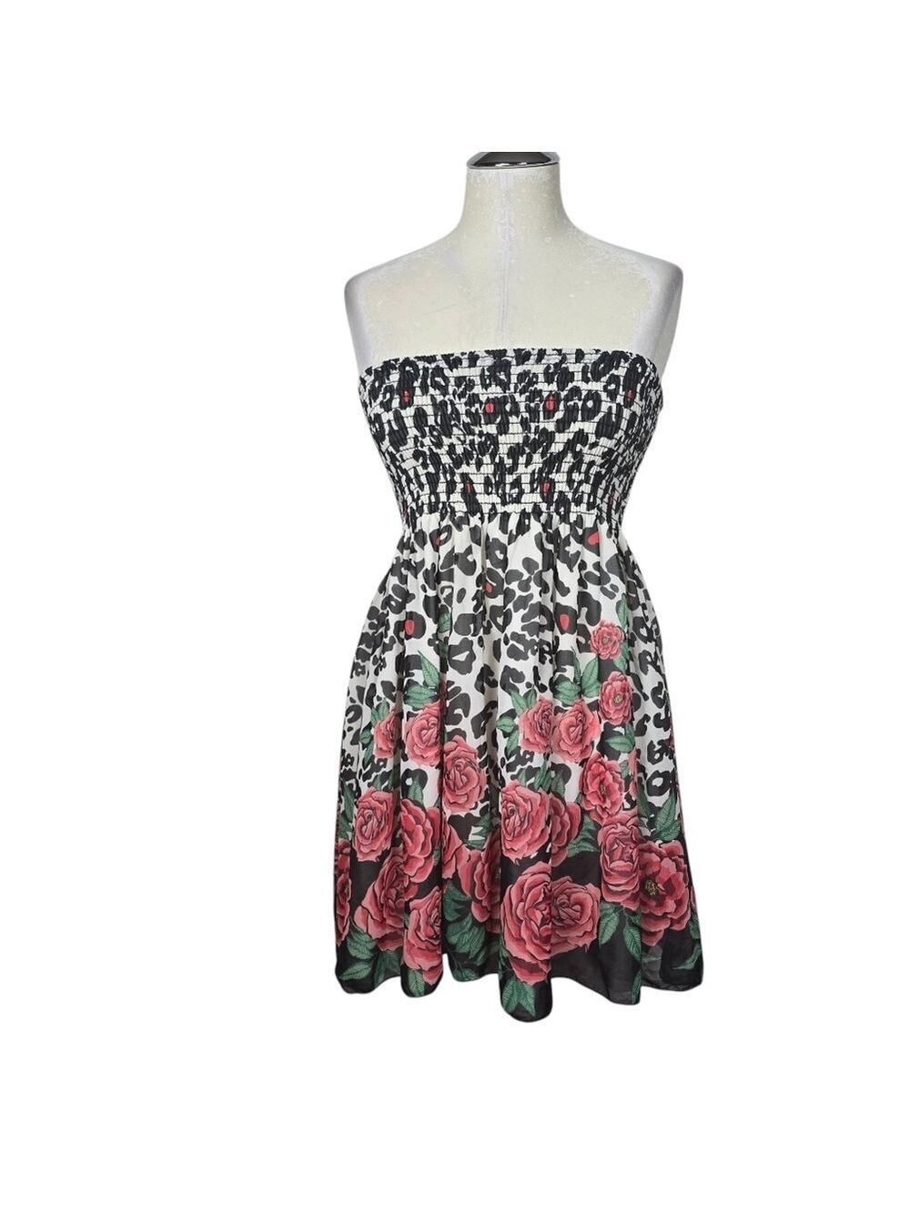 Forever 21 Strapless Floral Animal Print Smocked Dress L
